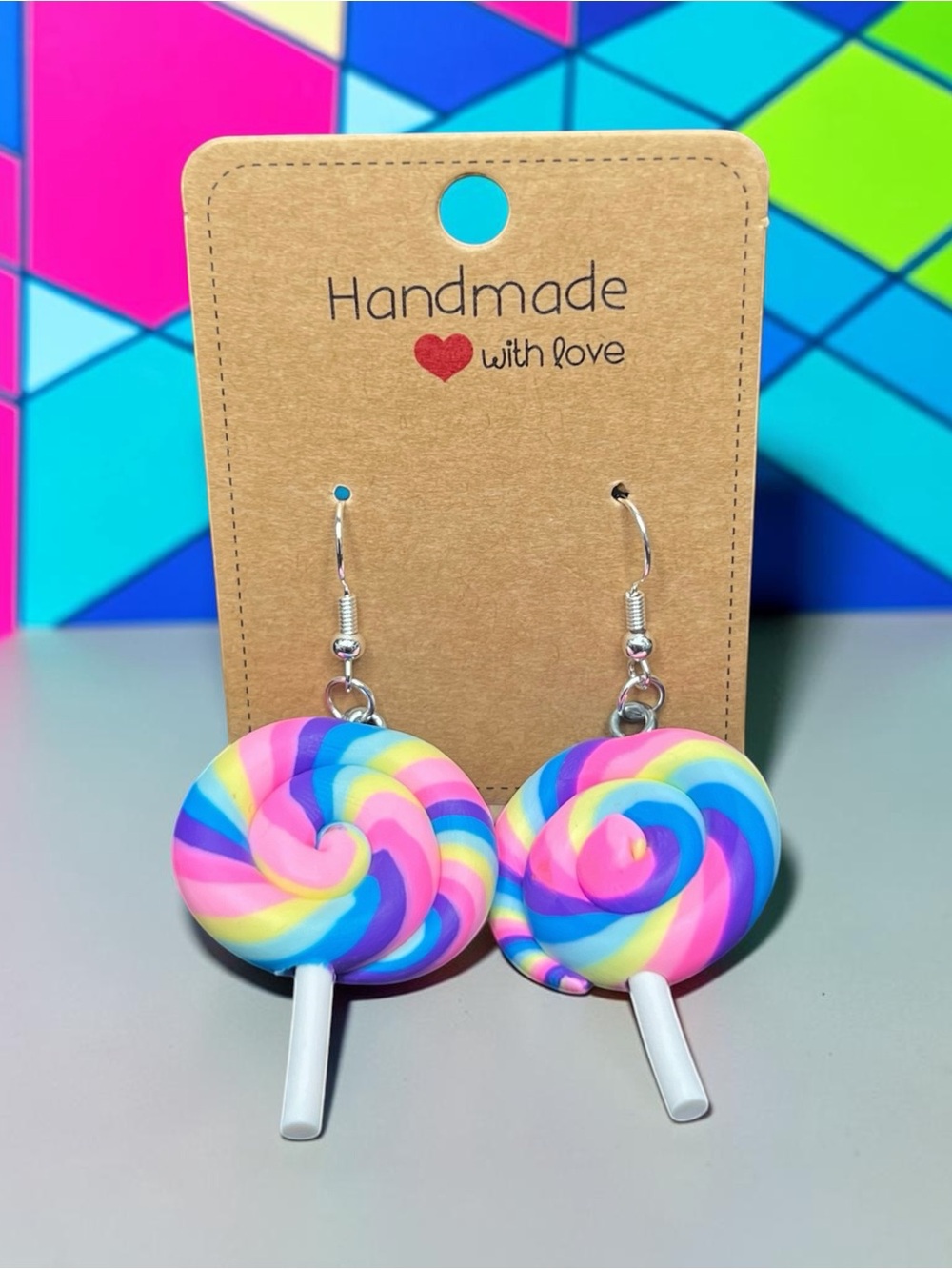 🍭 Handmade Pastel Lollipop Swirl Clay Dangle Earrings w/ Silver Tone Hooks